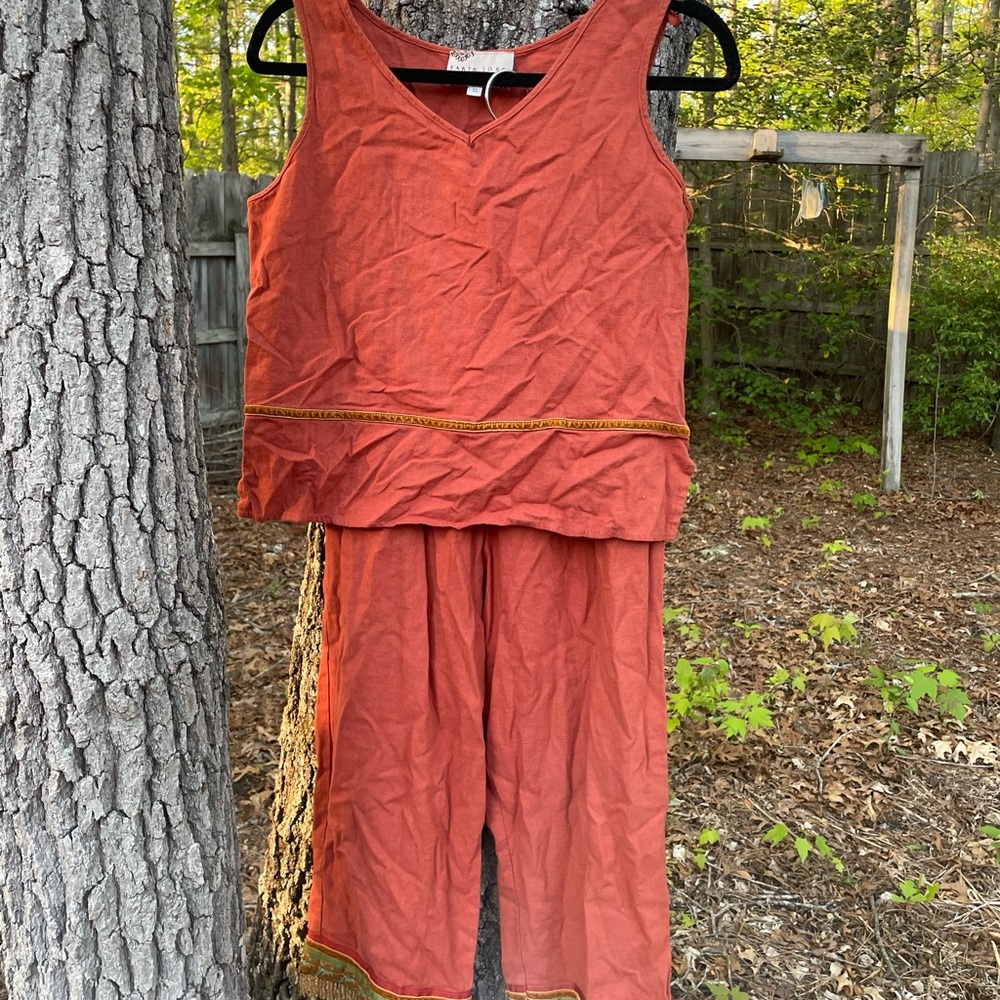 Burnt Orange Sleeveless Linen Two-Piece with Wide-Leg Pants
